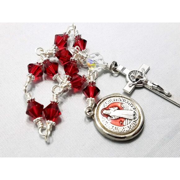 St Benedict Red Handmade One Decade Rosary, Red Swarovski Decade Beads - Picture 9 of 10